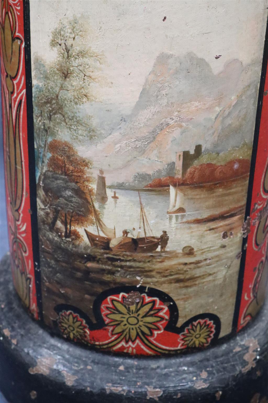 A Victorian earthenware pipe now as a stickstand, painted with landscapes and cock fighting scenes, height 67cm